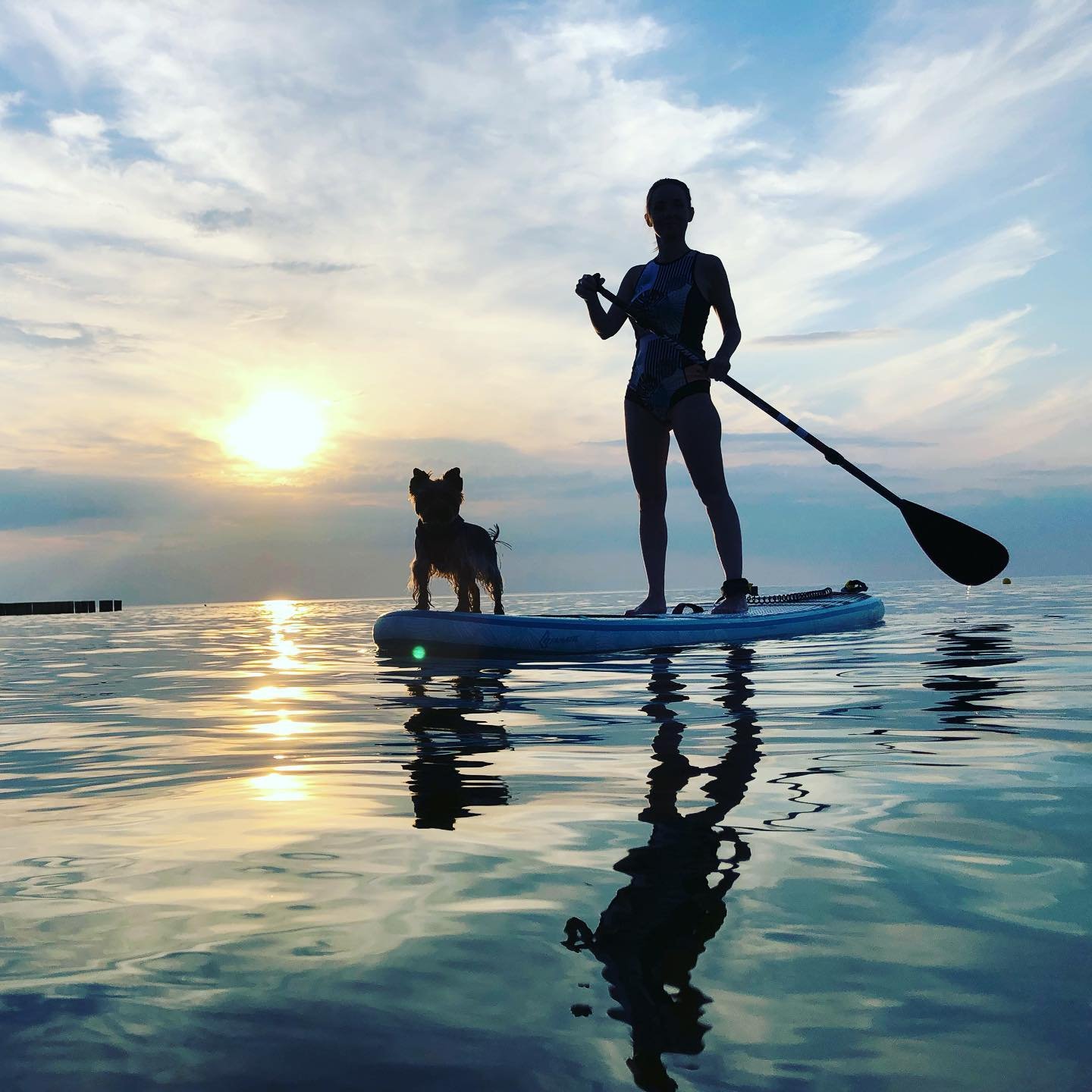 SUP z psem o zachodzie słońca nad Morzem Bałtyckim